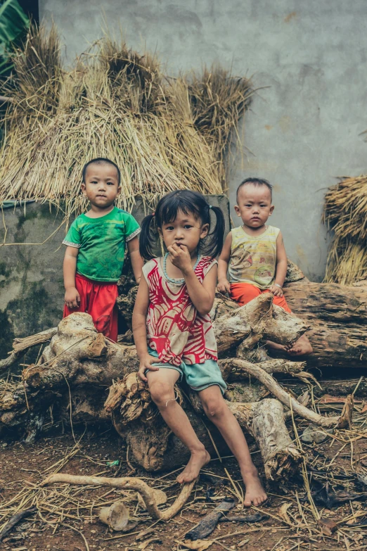 a group of children sitting on top of a pile of wood, pexels contest winner, sumatraism, south east asian with round face, contemplating, vietnamese woman, portrait featured on unsplash