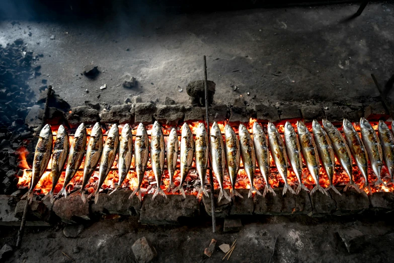 a bunch of fish that are cooking on a grill, a digital rendering, by Dietmar Damerau, unsplash, hurufiyya, nepal, kris kuksi, slide show, thumbnail