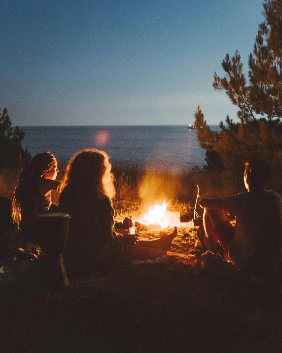 a group of people sitting around a campfire, by Jessie Algie, pexels contest winner, romanticism, overlooking the ocean, flirting, forest picnic, profile image