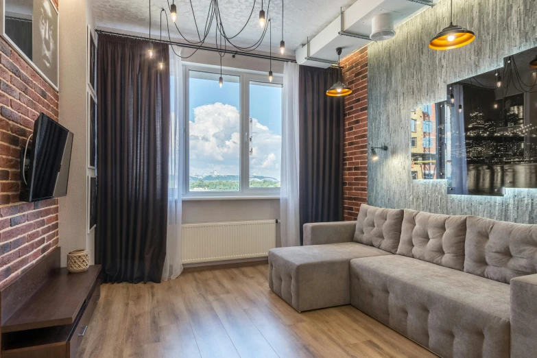 a living room filled with furniture and a flat screen tv, by Adam Marczyński, pexels contest winner, light and space, skyline showing from the windows, neo kyiv, decoration, rustic