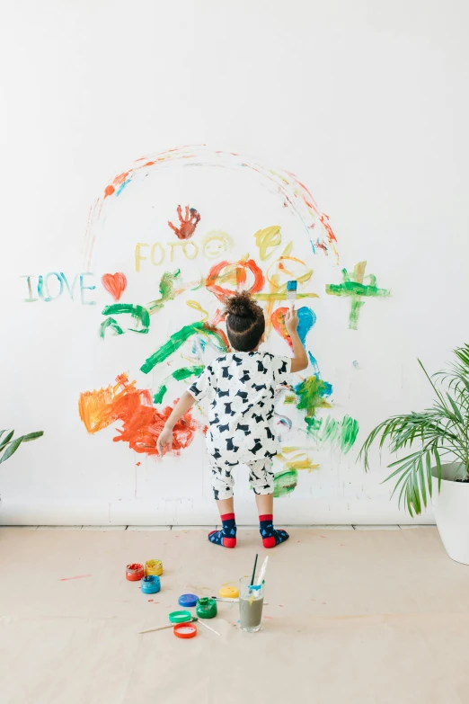 a little girl that is standing in front of a wall, a child's drawing, pexels, action painting, botanical rainbow backdrop, white bg, splotch, full product shot