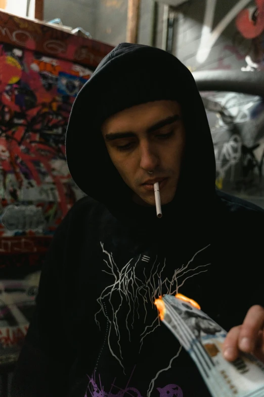 a man in a black hoodie smoking a cigarette, an album cover, by artist, graffiti, in the backrooms, ( ( theatrical ) ), asher duran, concentrated