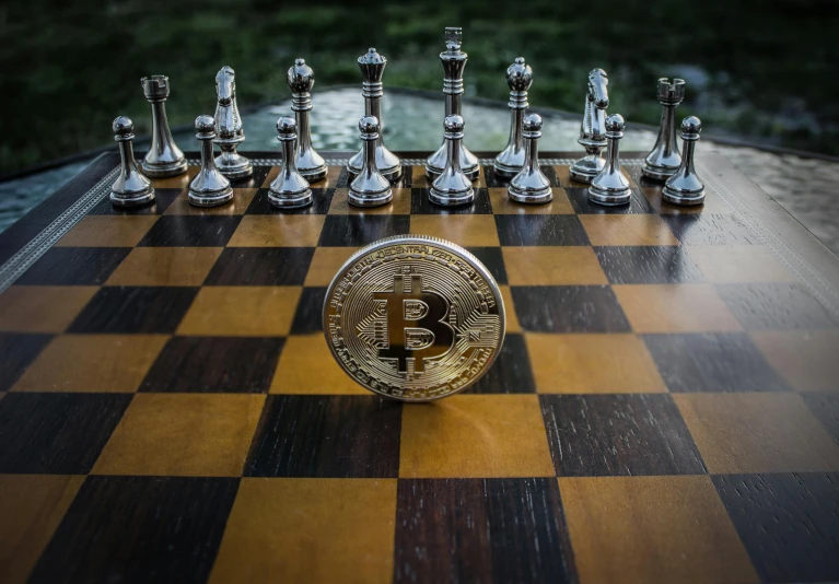 a bitcoin sitting on top of a chess board, an album cover, pexels contest winner, renaissance, 🌻🎹🎼, photo shoot, thumbnail, edible crypto