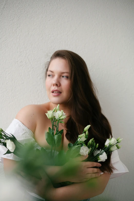 a beautiful young woman holding a bouquet of flowers, inspired by Elsa Bleda, unsplash, renaissance, full bodied portrait, anna nikonova aka newmilky, balcony, large)}]