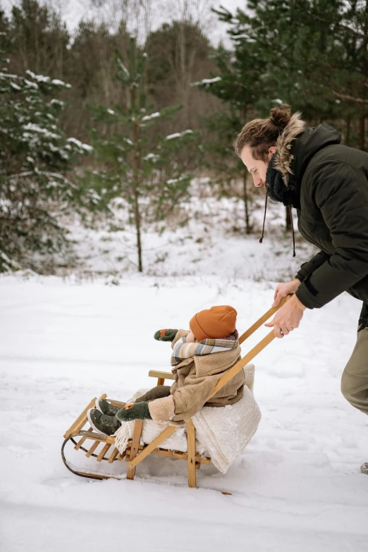 a woman pushing a child in a sled through the snow, pexels contest winner, visual art, brown, thumbnail, grey, tan