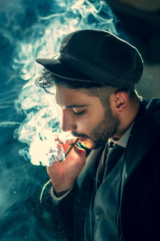 a man in a suit smoking a cigarette, a colorized photo, trending on pexels, renaissance, wearing a beret, brandon woelfel, istock, smoke :6