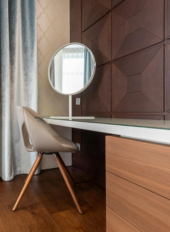 a desk with a mirror and a chair in a room, altermodern, brown, thumbnail, white