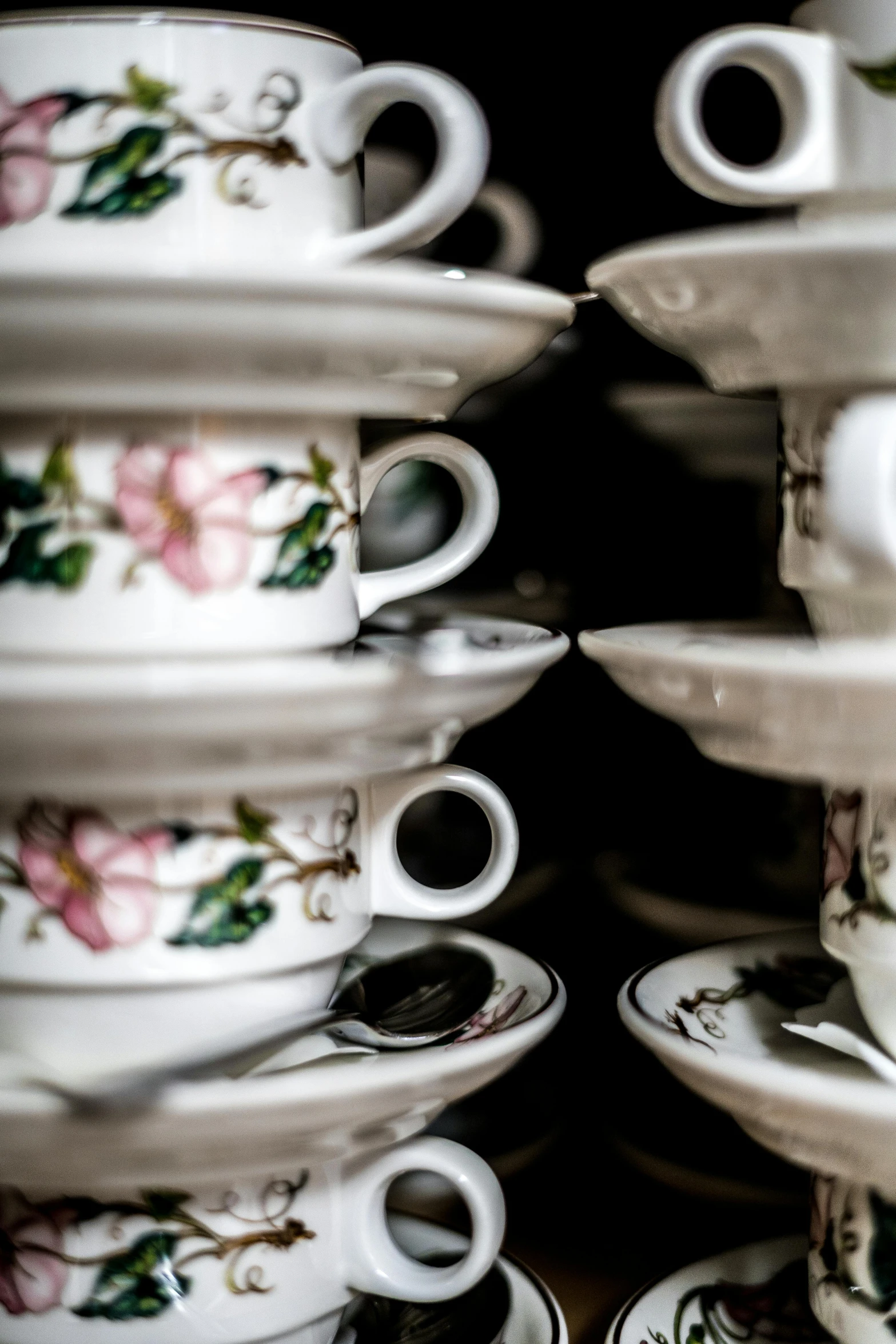 a bunch of cups and saucers stacked on top of each other, a still life, unsplash, historical photo, made of glazed, up close shot, multiple stories