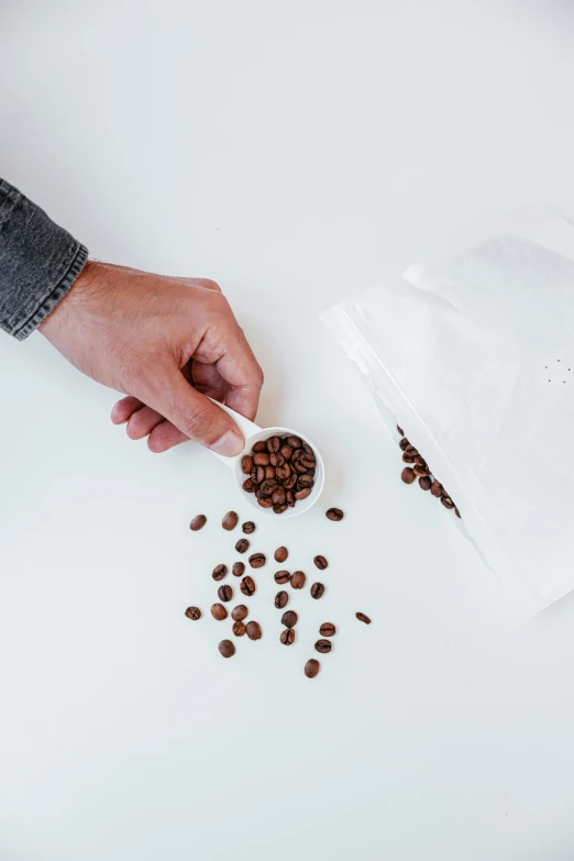 a person scooping out coffee beans from a bag, by Matthias Stom, on high-quality paper, porcelain organic, made of lab tissue, product view