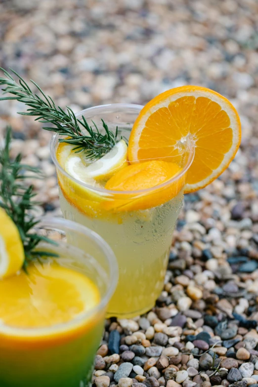 a couple of drinks sitting on top of a gravel ground, orange slices, lemonade, visually crisp & clear, zoomed in