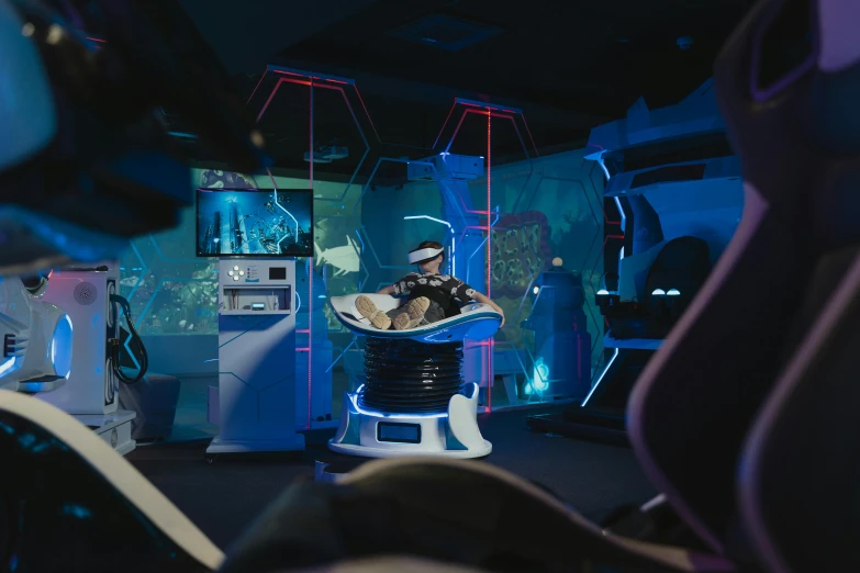 a robot that is sitting in a chair, a hologram, interactive art, aurora spaceship environment, a dark underwater scene, wearing a vr headset, in intergalactic hq