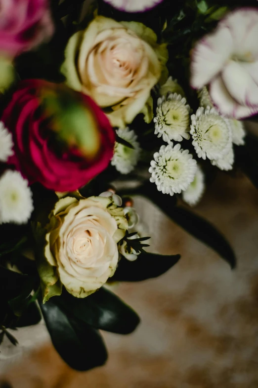 a bouquet of flowers sitting on top of a table, texture detail, upclose, dark sienna and white, white and red roses