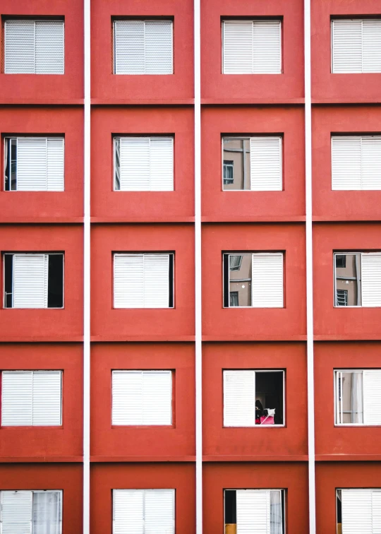 a tall red building with lots of windows, inspired by Steve McCurry, unsplash contest winner, postminimalism, symmetry!! portrait of a woman, square lines, buildings photorealism, shutters