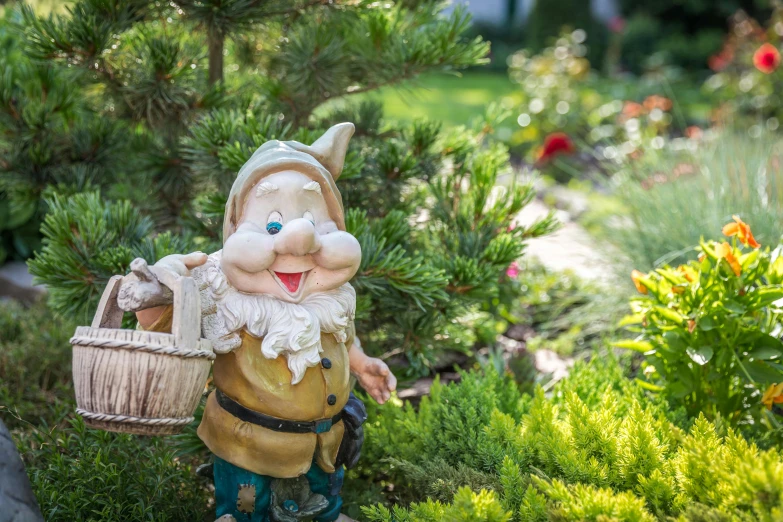 a garden gnome with a basket of flowers, a statue, looking towards the camera, shrubs, avatar image, 2019 trending photo