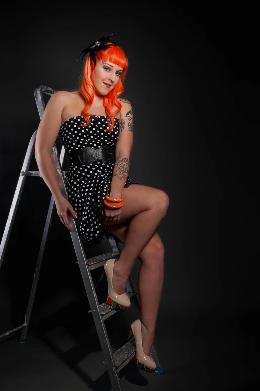 a woman in a polka dot dress sitting on a ladder, inspired by Earle Bergey, bright orange hair, 15081959 21121991 01012000 4k, akt photography, various posed