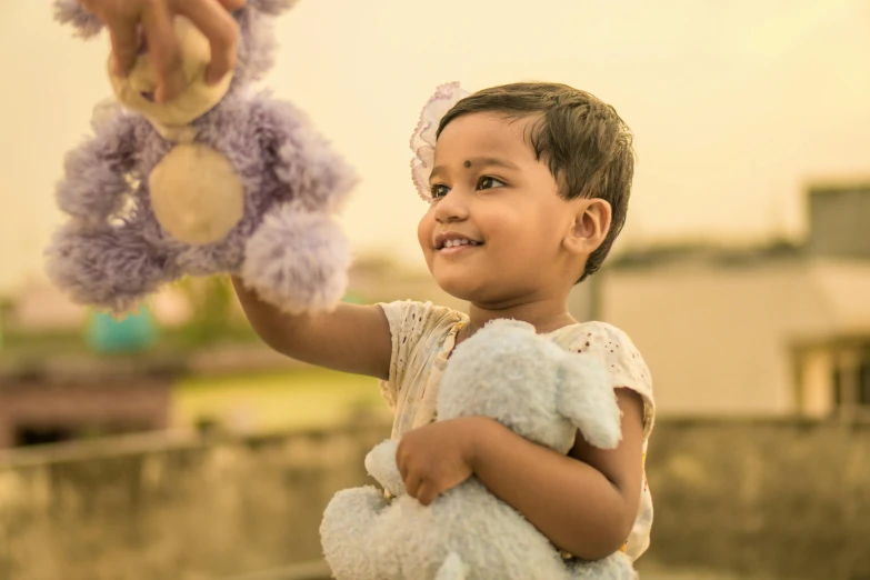 a little girl holding a purple teddy bear, a picture, pexels contest winner, hurufiyya, sri lanka, the woman holds more toys, shining golden hour, a handsome