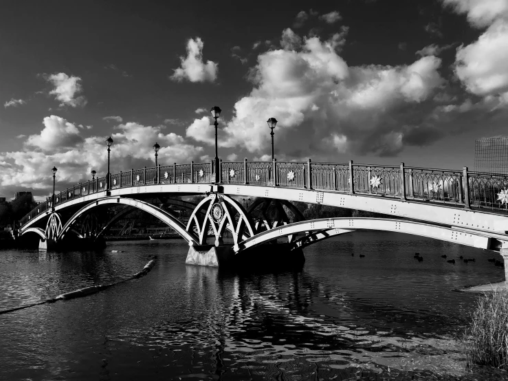 a black and white photo of a bridge over a river, a black and white photo, by Antoni Brodowski, flickr, art nouveau, sky bridge, detailed medium format photo, beautiful day, photographic print