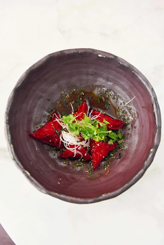 a close up of a bowl of food on a table, inspired by Asai Chū, beets, back shark fin, infused, ignant