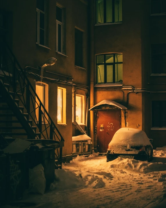 a red door sitting in the middle of a snow covered street, inspired by Elsa Bleda, pexels contest winner, dimly lit bedroom, russian city, in front of a garage, beige and dark atmosphere