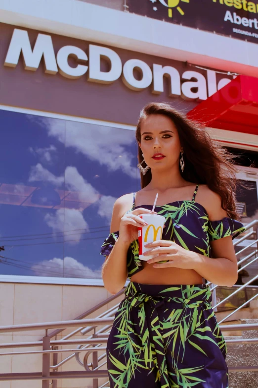 a woman standing in front of a mcdonald's restaurant, instagram, photorealism, fashion shoot 8k, sub tropical, gif, square