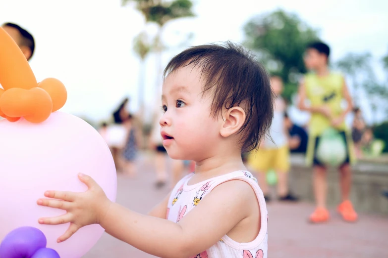 a little girl holding a bunch of balloons, by Bernardino Mei, pexels contest winner, at a park, tiny girl looking on, square, concert