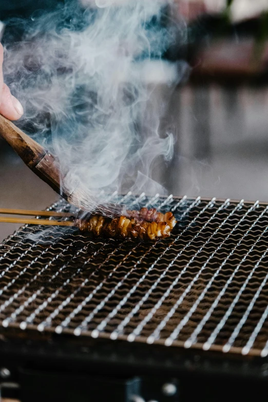 a close up of a person grilling meat on a grill, inspired by Kanō Naizen, dessert, grey, crispy, small