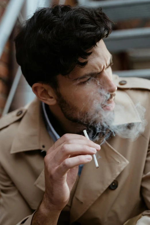 a man in a trench coat smoking a cigarette, trending on pexels, slight stubble, liquid smoke twisting, college, ilustration