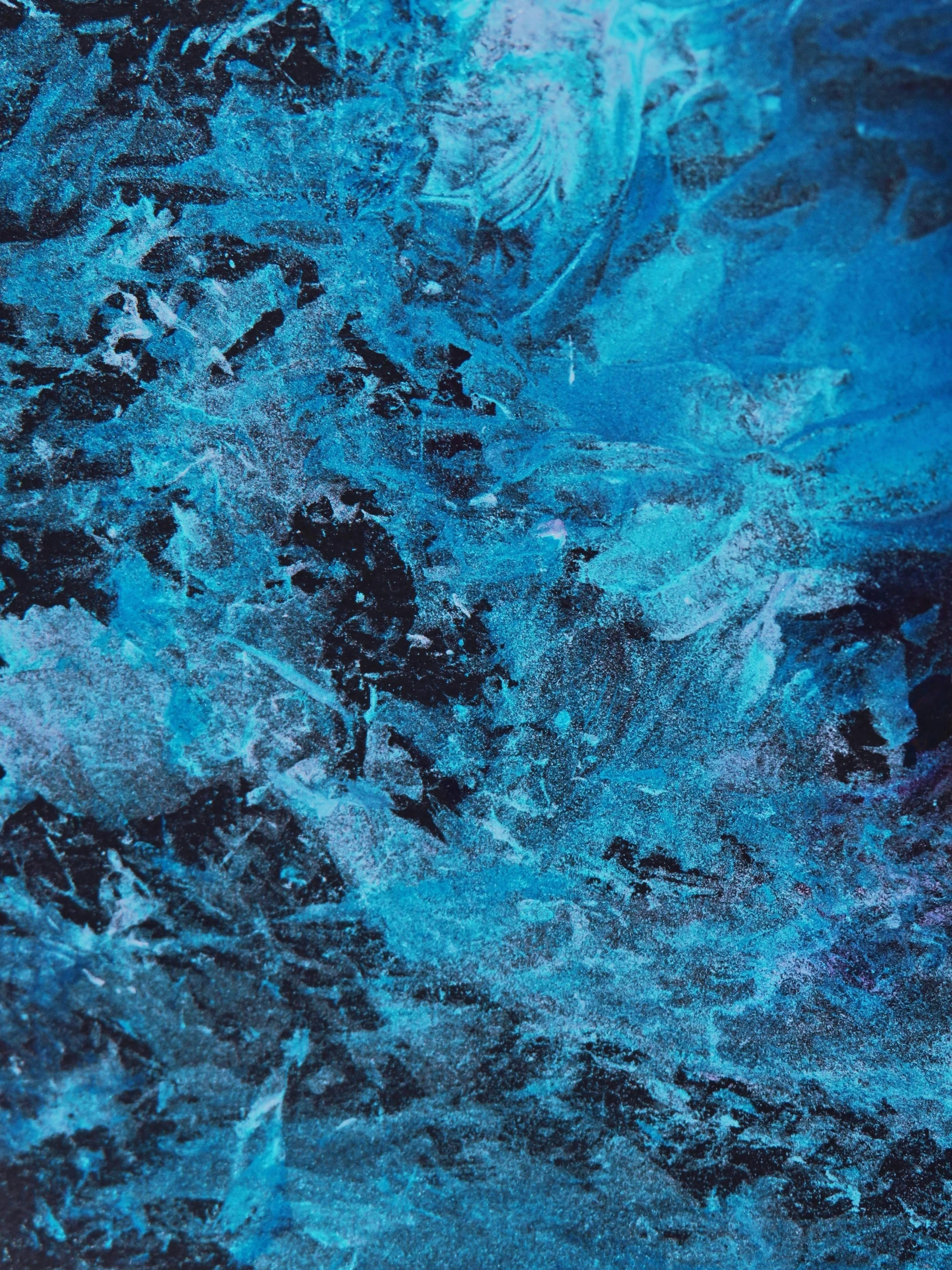 a man riding a surfboard on top of a wave, an album cover, inspired by Zao Wou-Ki, trending on unsplash, lyrical abstraction, black and blue scheme, texture detail, detailed acrylic, crystallized