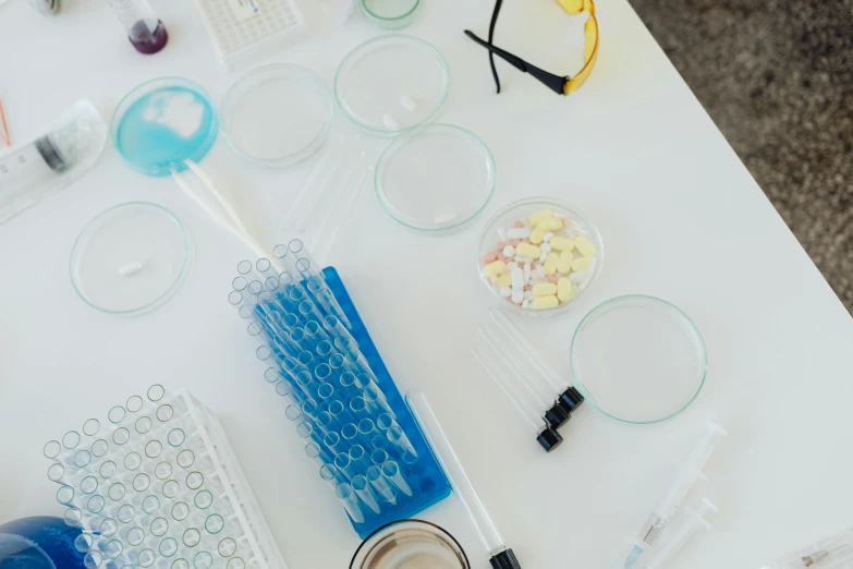 a table that has a bunch of items on it, a microscopic photo, unsplash, process art, scientific glassware, white wall coloured workshop, circular glasses, educational supplies