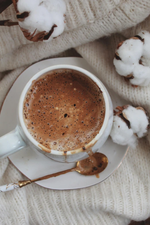 a cup of coffee sitting on top of a white plate, cotton, with a cup of hot chocolate, thumbnail, fluffy