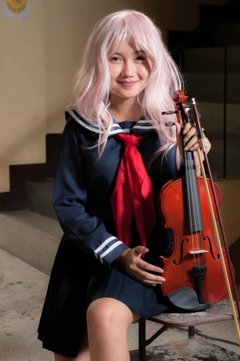a woman sitting on a chair holding a violin, featured on reddit, sailor uniform, ((pink)), white haired, headshot photo