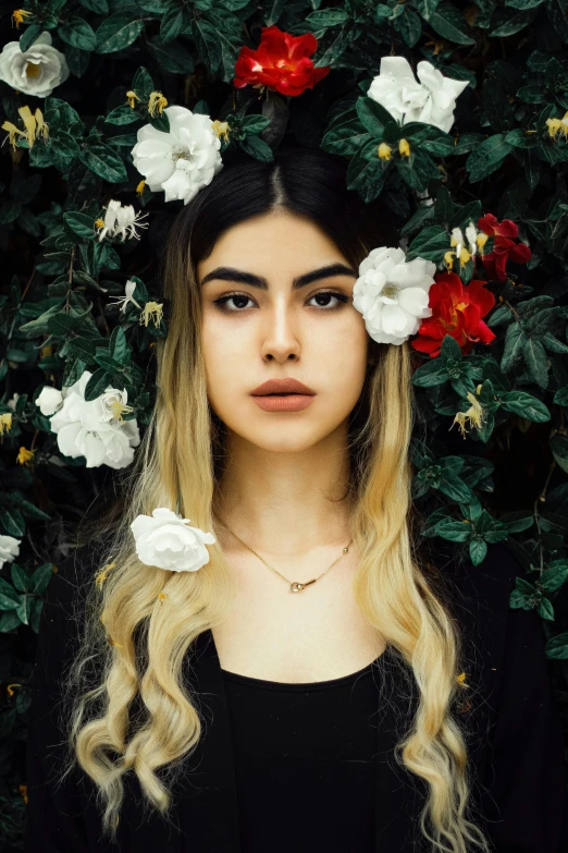 a woman standing in front of a bush of flowers, an album cover, inspired by Elsa Bleda, trending on pexels, aestheticism, large eyebrows, beautiful iranian woman, black roses, asian face