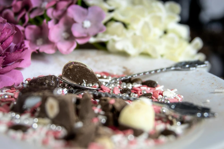 a couple of spoons sitting on top of a white plate, by Anna Findlay, pexels, chocolate. intricate background, beautiful flowers and crystals, covered with pink marzipan, dof and bokeh