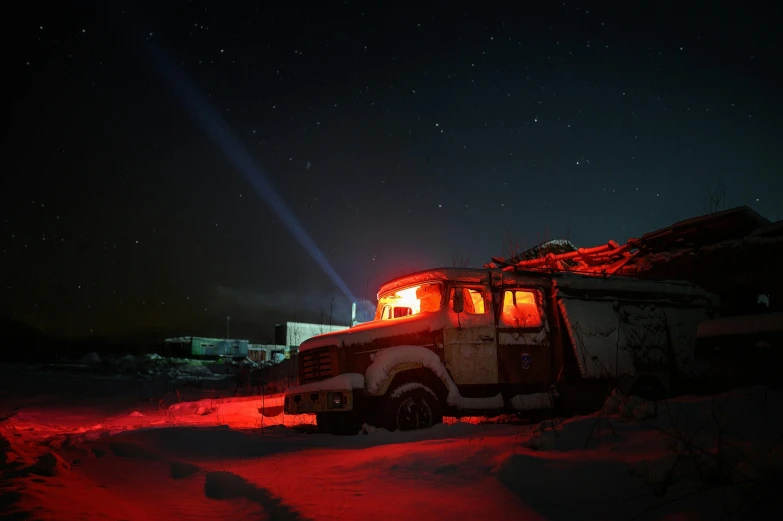 a truck that is sitting in the snow, a portrait, inspired by Filip Hodas, unsplash contest winner, flashy red lights, soviet yard, near lake baikal, red and obsidian neon