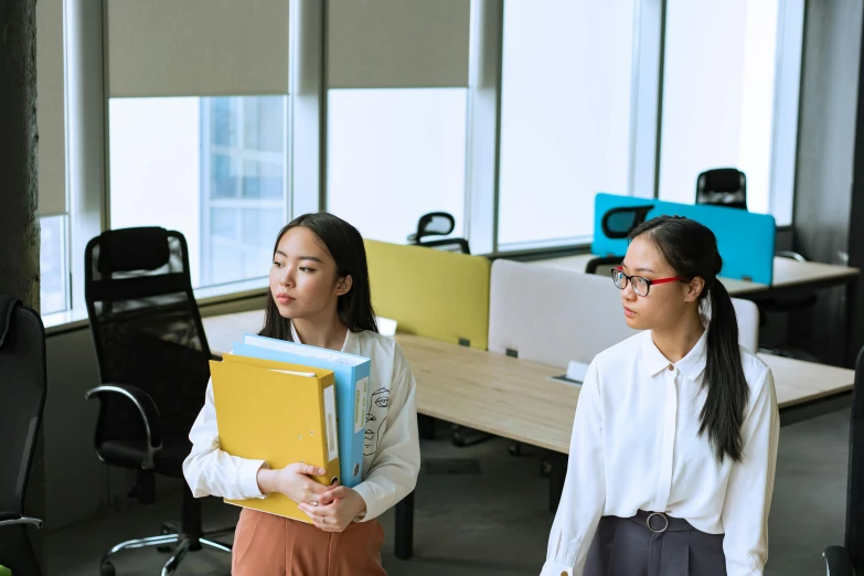 two women standing next to each other in an office, by Jang Seung-eop, trending on pexels, happening, avatar image, half turned around, nerds, walking to the right