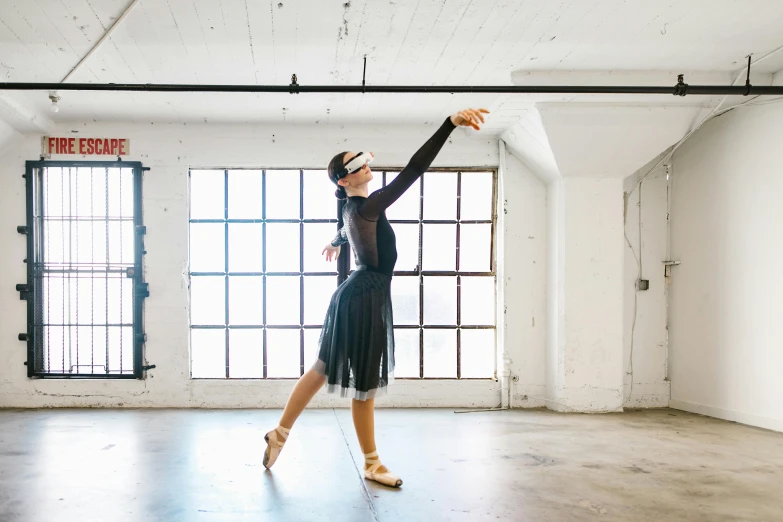 a woman in a black dress holding a white frisbee, unsplash, arabesque, leotard and leg warmers, inside a grand studio, sydney hanson, animation