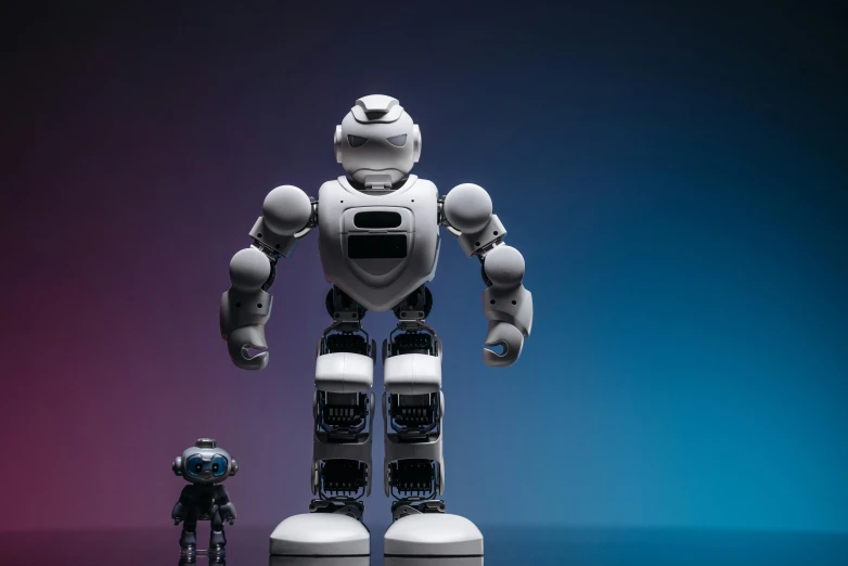 a robot and a man standing next to each other, a 3D render, unsplash, 3 d render n - 9, fan favorite, low - angle shot, a still life of a robot