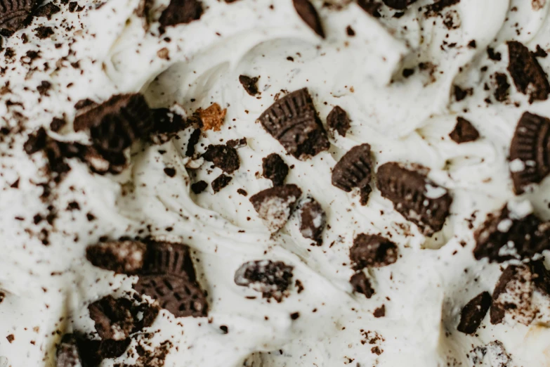 a close up of an oreo ice cream pie, trending on pexels, renaissance, chewing tobacco, white, brunette, thumbnail