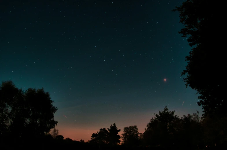 a sky filled with lots of stars next to trees, a picture, unsplash contest winner, muted blue and red tones, planets and stars, late summer evening, the sky is pink