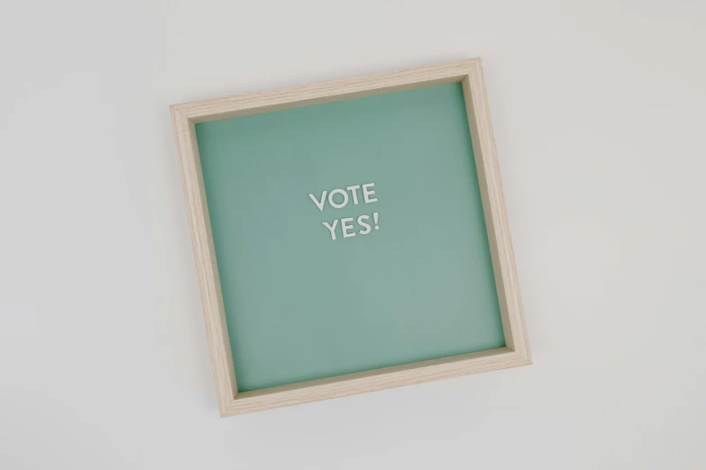 a picture frame with the words vote yes on it, trending on tumblr, pastel green, cedar, display case, eva elfie