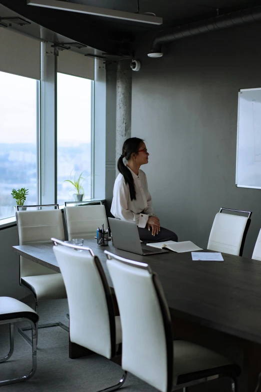 a woman sitting at a table in a conference room, great view, someone lost job, standing in corner of room, ceo