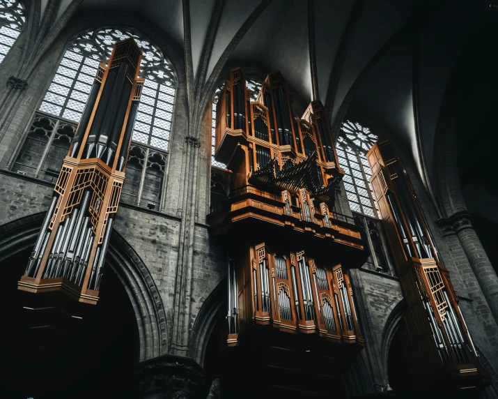 a close up of a pipe organ in a church, an album cover, by Jacob Burck, pexels contest winner, gothic building style, 🚿🗝📝