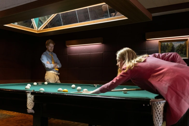 a man and a woman playing a game of pool, by Daniel Seghers, unsplash, teenager hangout spot, 15081959 21121991 01012000 4k, the poolrooms, in a medium full shot