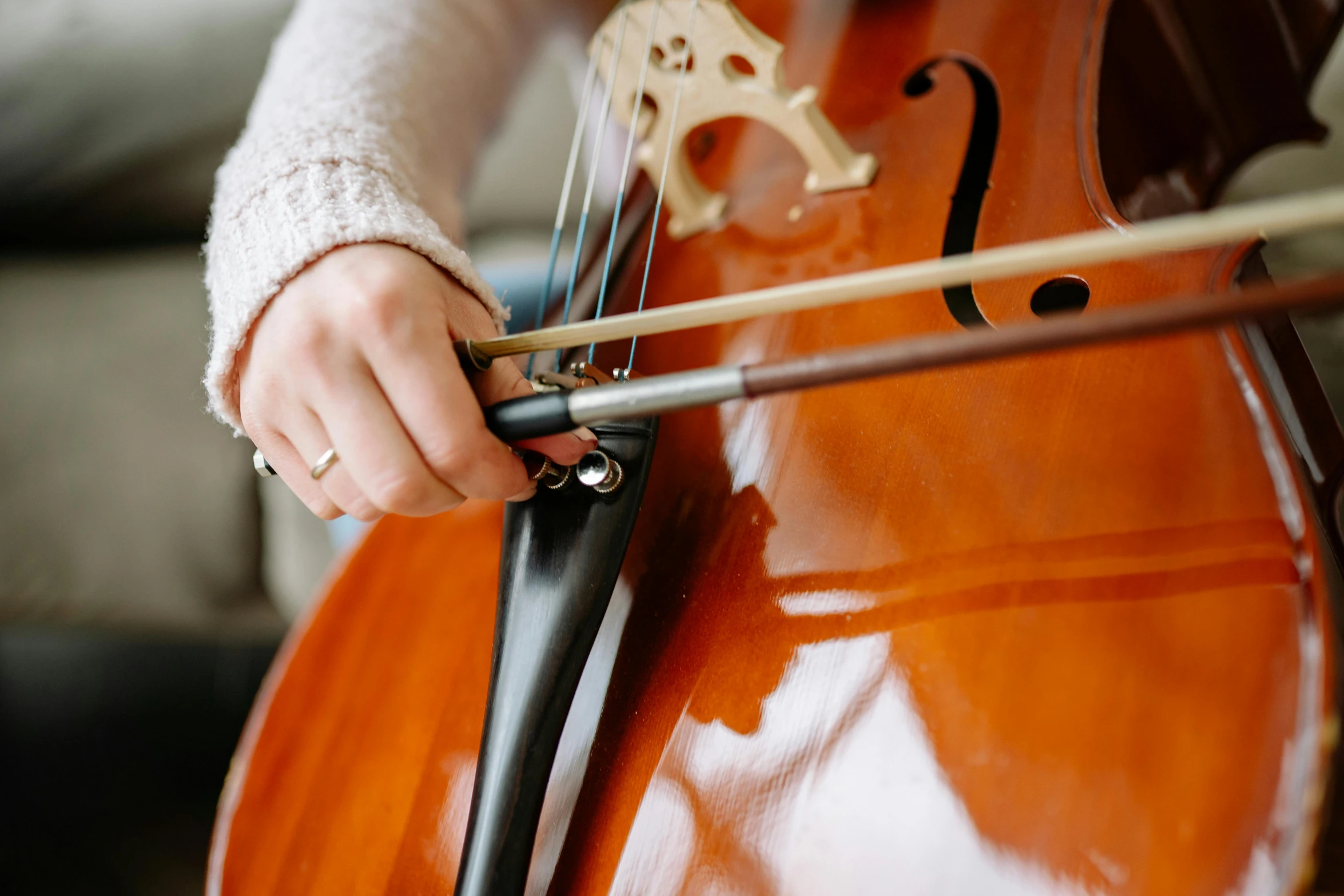 a close up of a person playing a cello, by Elizabeth Durack, unsplash, 🦩🪐🐞👩🏻🦳, rectangle, high quality detailed, student