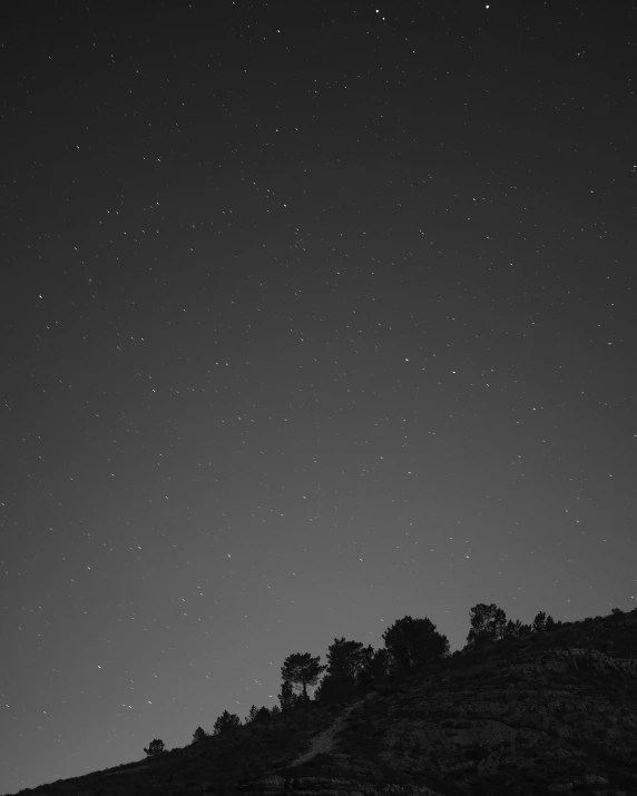 a black and white photo of the night sky, a black and white photo, unsplash, minimalism, hillside, starry sky 8 k, summer night, pose 4 of 1 6