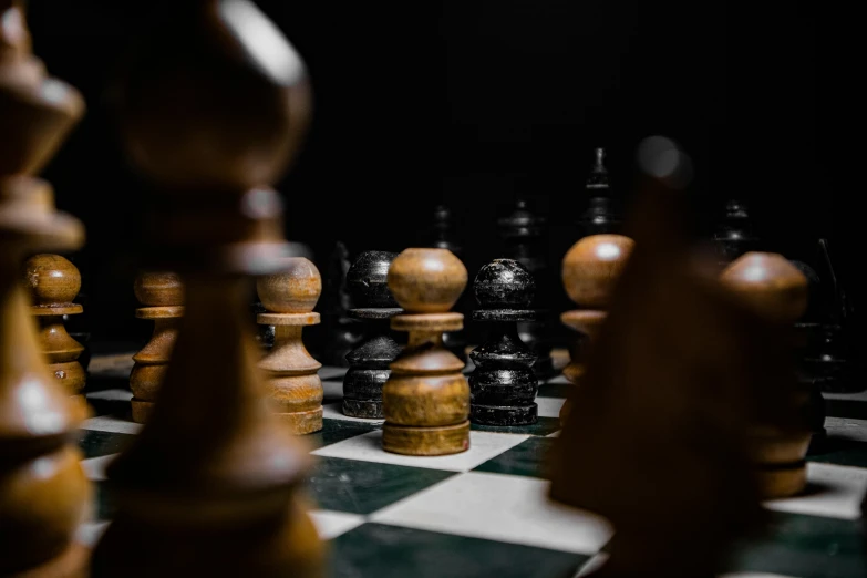 a chess board with chess pieces on it, by Emma Andijewska, unsplash contest winner, black and brown colors, thumbnail, multiple stories, gearing up for battle