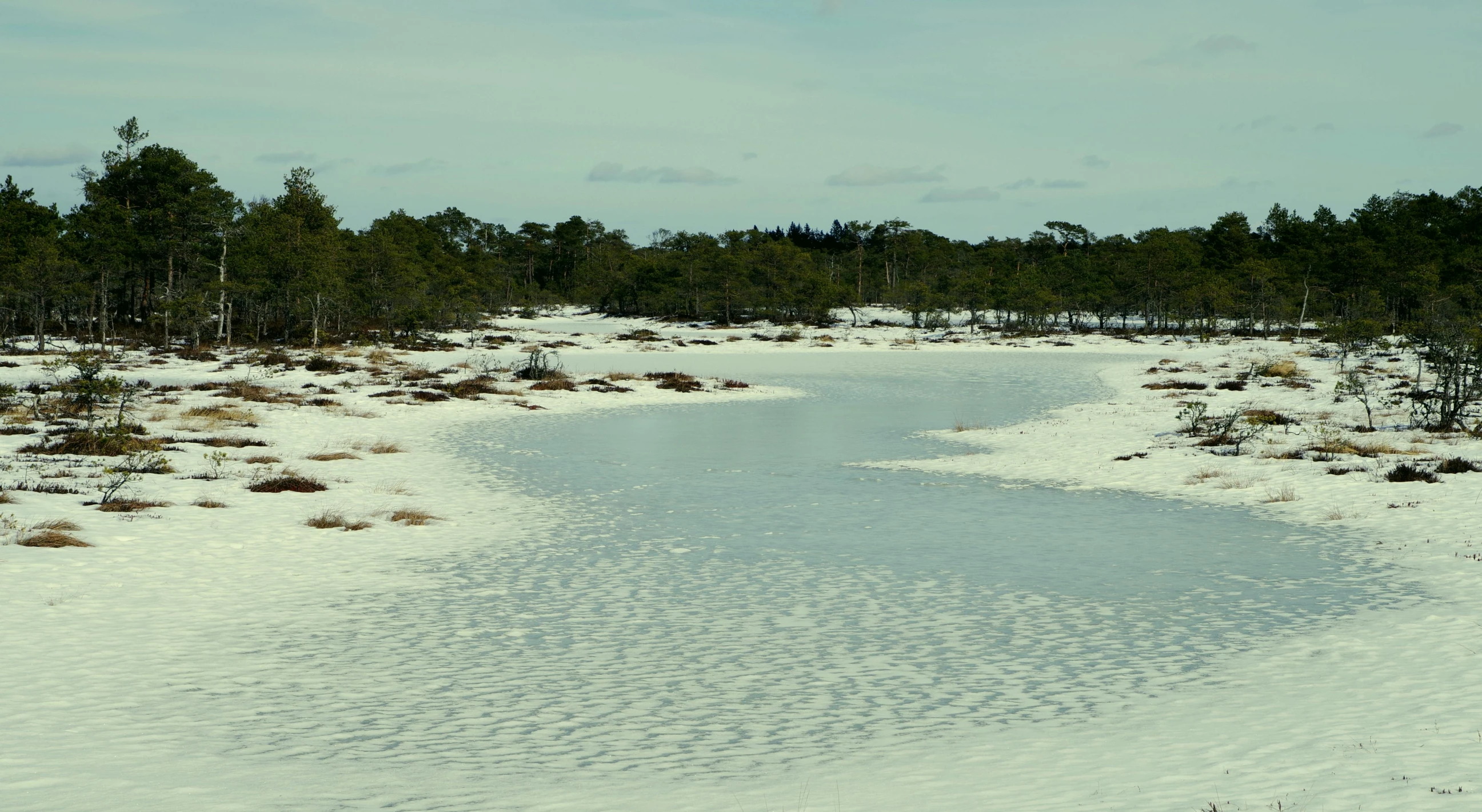 a body of water sitting in the middle of a snow covered field, by Elizabeth Durack, hurufiyya, white sand beach, swamp, pristine and clean, inlets