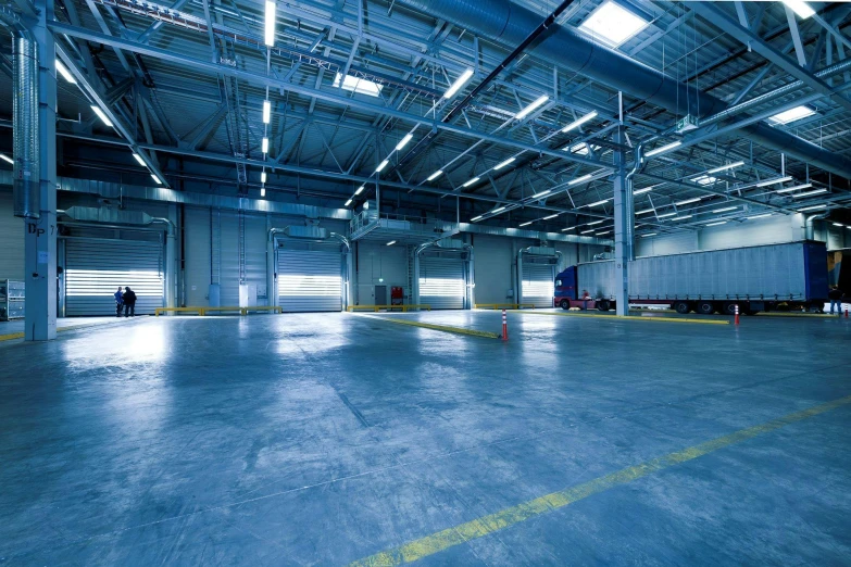 a large warehouse with yellow lines on the floor, unsplash, photorealism, square, blue, 8 k hi - res, environment lighting