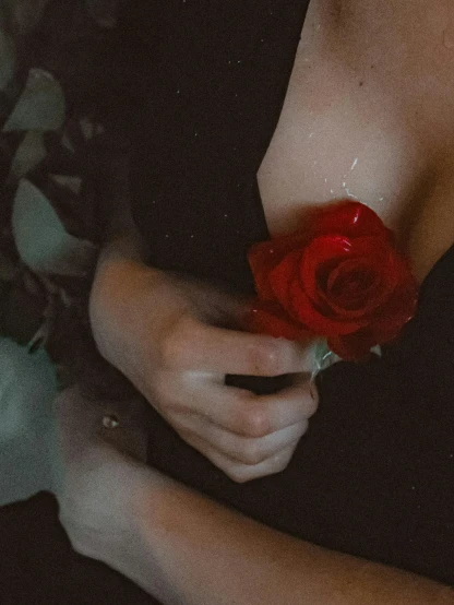 a woman in a black dress holding a red rose, inspired by Elsa Bleda, trending on unsplash, grainy footage, 🤬 🤮 💕 🎀, porcelain skin ”, by :5 sexy: 7