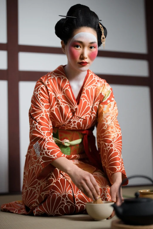 a woman in a kimono sitting on the floor, elaborate patterned makeup, slide show, standing elegantly, centered shot